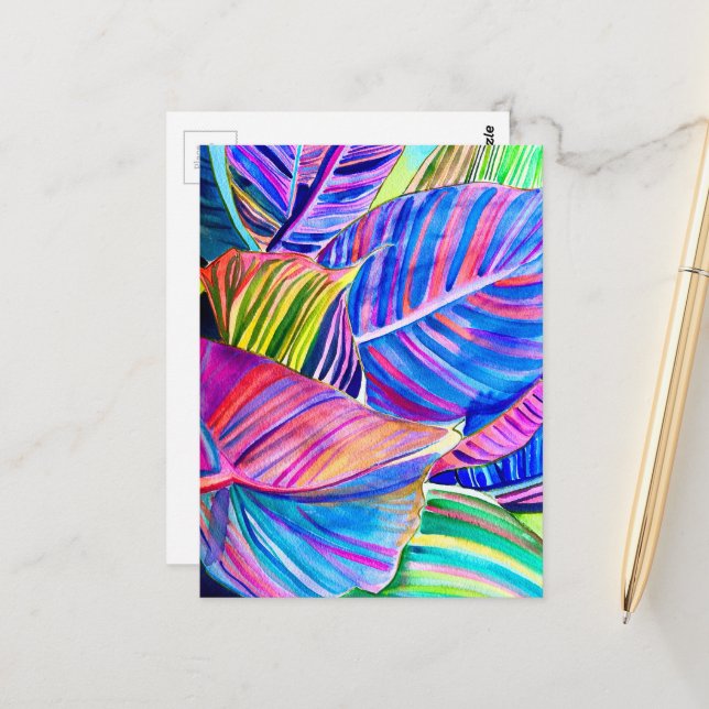 Carte Postale Feuilles de canna tropicale aquarelle (Devant/Arrière en situation)