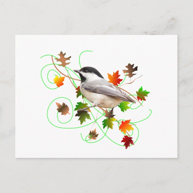 Carte Postale Feuilles de chickadee et d'automne (Devant)