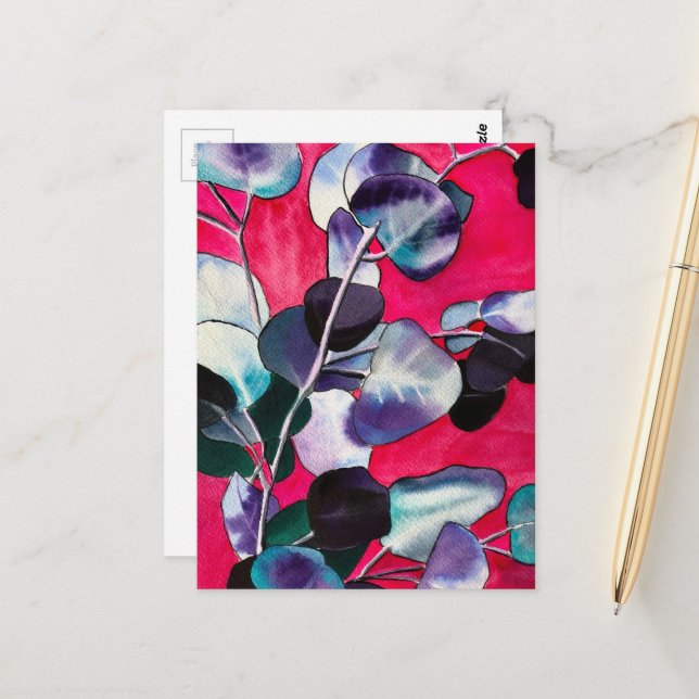 Carte Postale Feuilles de gommier art à l'aquarelle (Devant/Arrière en situation)