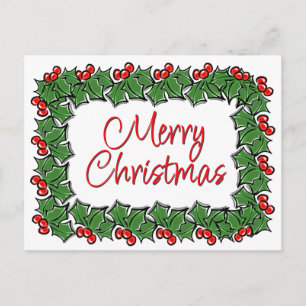 Carte Postale Feuilles de houx, baies de houx, couronne de Noël 