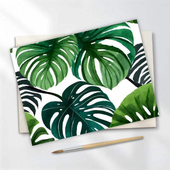Carte Postale Feuilles de Monstera | Aquarelle Moderne Simple (Créateur téléchargé)