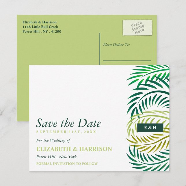 Carte Postale Feuilles de palmiers tropicaux, Mariage de plage E (Devant / Derrière)