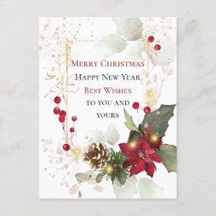 Carte Postale Feuilles d'or vert Rouge Berry Poinsettia Noël