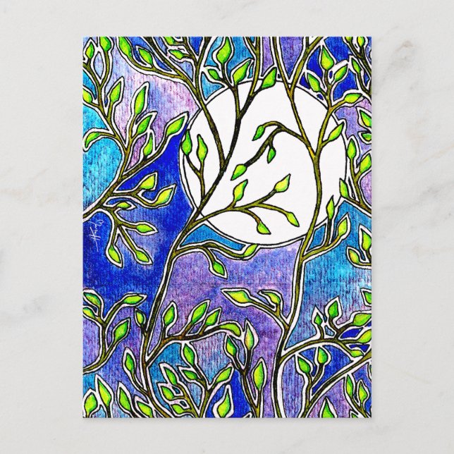 Carte Postale Feuilles et lune - Aquarelles bleues (Devant)