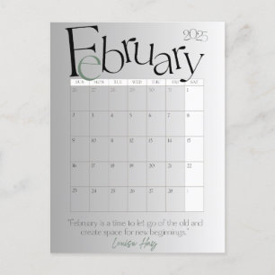 Carte Postale Février Gris Moderne Calendrier mensuel 2025