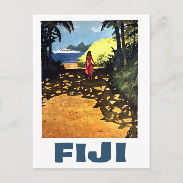 Carte Postale Fidji, femme sur la côte tropicale et bateau touri (Devant)