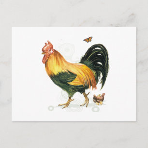 Carte Postale Fière coq avec poules et poulets.