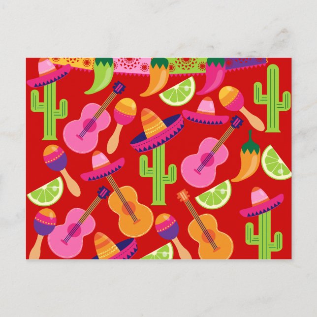 Carte Postale Fiesta Party Sombrero Limes Guitare Maraca Saguaro (Devant)