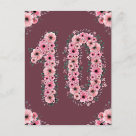 Carte Postale Fille 10e anniversaire Fleurs roses Feuillage vert