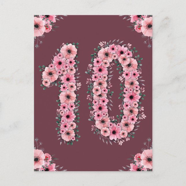 Carte Postale Fille 10e anniversaire Fleurs roses Feuillage vert (Devant)