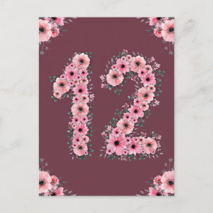 Carte Postale Fille 12e anniversaire Fleurs roses Feuillage vert