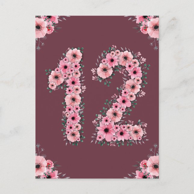 Carte Postale Fille 12e anniversaire grandes fleurs roses feuill (Devant)