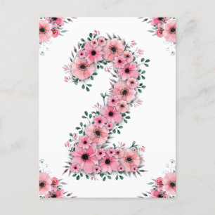 Carte Postale Fille 2ème anniversaire grand Fleurs roses Feuilla