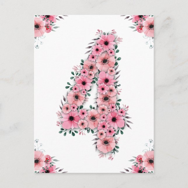 Carte Postale Fille 4ème anniversaire Fleurs roses Feuillage ver (Devant)