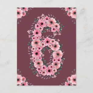 Carte Postale Fille 6ème anniversaire grandes fleurs roses feuil