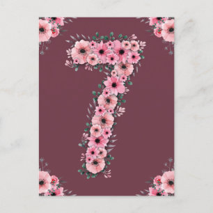 Carte Postale Fille 7e anniversaire grand Fleurs roses Feuillage