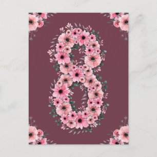Carte Postale Fille 8ème anniversaire rose fleurs vert feuillage
