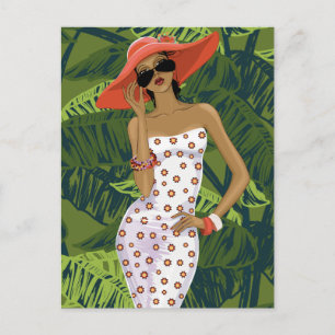 Carte Postale Fille à la mode tropicale en grand Casquette rouge