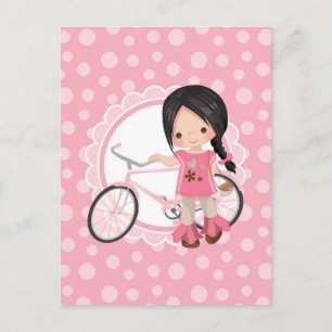 Carte Postale Fille à vélo aux cheveux noirs - Rose Blanc