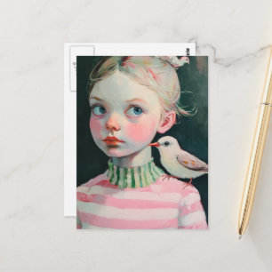 Carte Postale Fille adorable avec l'oiseau sur son épaule