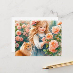 Carte Postale Fille adorable cueillant des roses avec un chat ro
