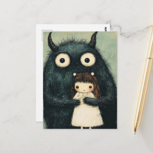 Carte Postale Fille adorable et son ami monstre Fantastique