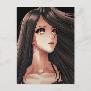 Carte Postale Fille Anime Brunette aux Yeux Marrons Anniversaire