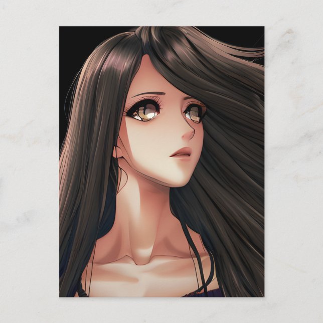 Carte Postale Fille Anime Brunette aux Yeux Marrons Anniversaire (Devant)