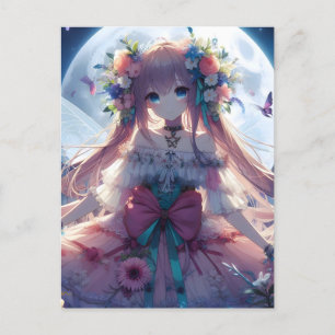 Carte Postale Fille Anime Fleur Lune Fée