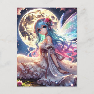 Carte Postale Fille Anime Princesse Fée de la Lune dans un Jardi