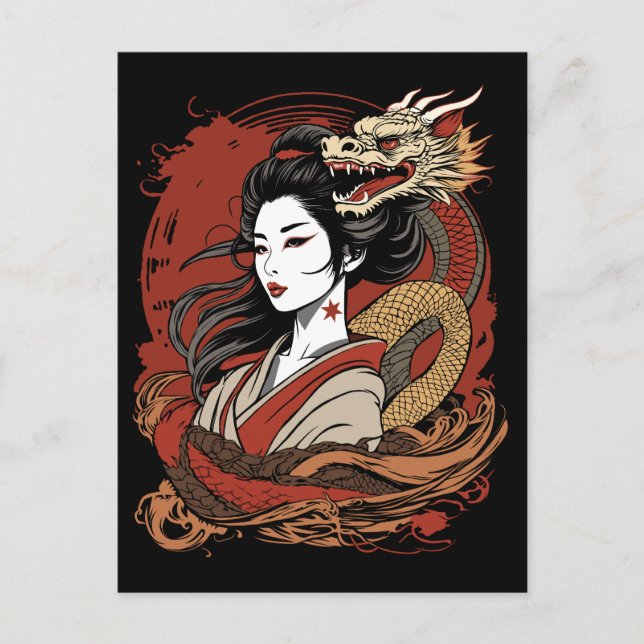 Carte Postale Fille asiatique | Dragon chinois (Devant)