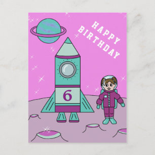 Carte Postale Fille astronaute sur la Lune Espace  Joyeux Annive