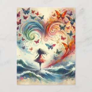 Carte Postale Fille au-dessus des vagues de l'océan avec des pap