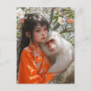 Carte Postale Fille au singe Art du zodiaque chinois