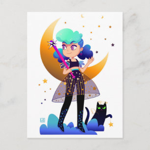 Carte Postale Fille aux cheveux bleus avec chat noir