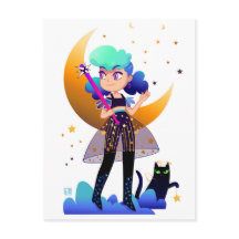 Fille aux cheveux bleus avec chat noir