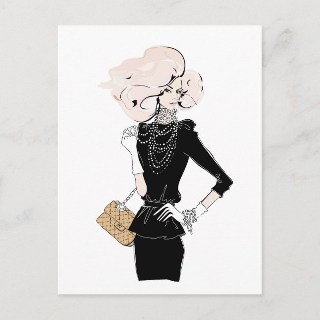 Carte Postale Fille aux cheveux blonds de mode en noir (Devant)