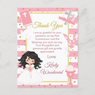Carte Postale Fille aux cheveux noirs rose Première communion Me