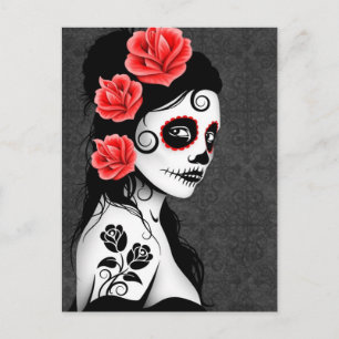 Carte Postale Fille aux crânes de sucre de Jour des Morts - Gris