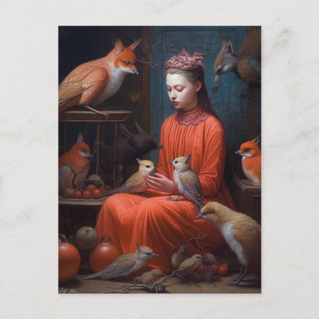 Carte Postale Fille aux oiseaux bizarres et fous (Devant)