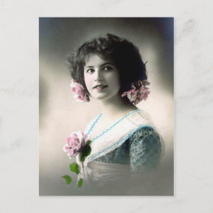 Carte Postale "Fille aux roses roses roses" Vintage