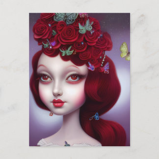 Carte Postale Fille aux roses rouges grenat Janvier