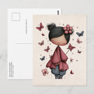 Carte Postale Fille avec baguette magique et papillons Mignonne