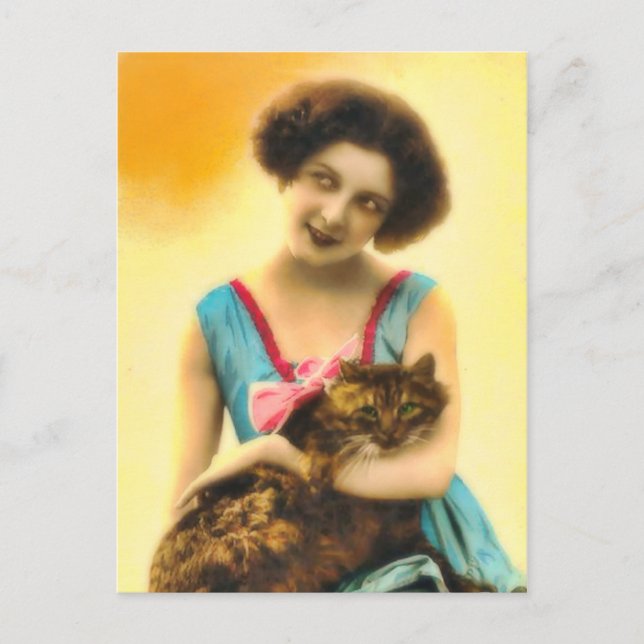 Carte postale Fille avec chat animal (Devant)