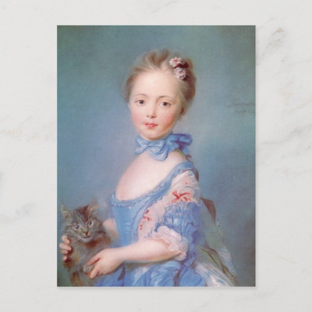 Carte Postale Fille avec chat gris (Devant)