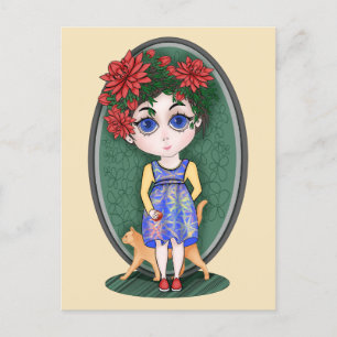 Carte Postale Fille avec chat rouge et pomme. Style Chibi.