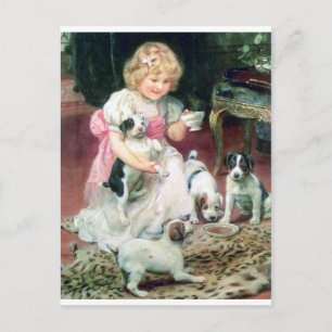 Carte Postale Fille avec chiots Peinture antique