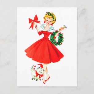 Carte Postale Fille avec couronne de Noël et son petit chat