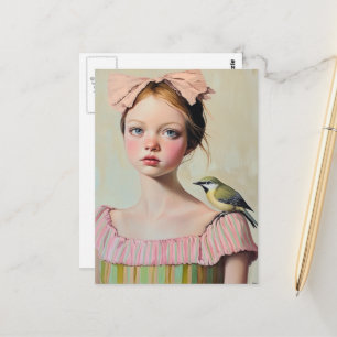 Carte Postale Fille avec un oiseau mignon sur son épaule