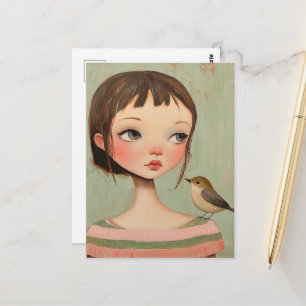 Carte Postale Fille avec un oiseau sur son épaule